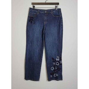 Talbots Womens Floral Embellished Wide Leg Stretch Blue Denim Jeans Sz 10